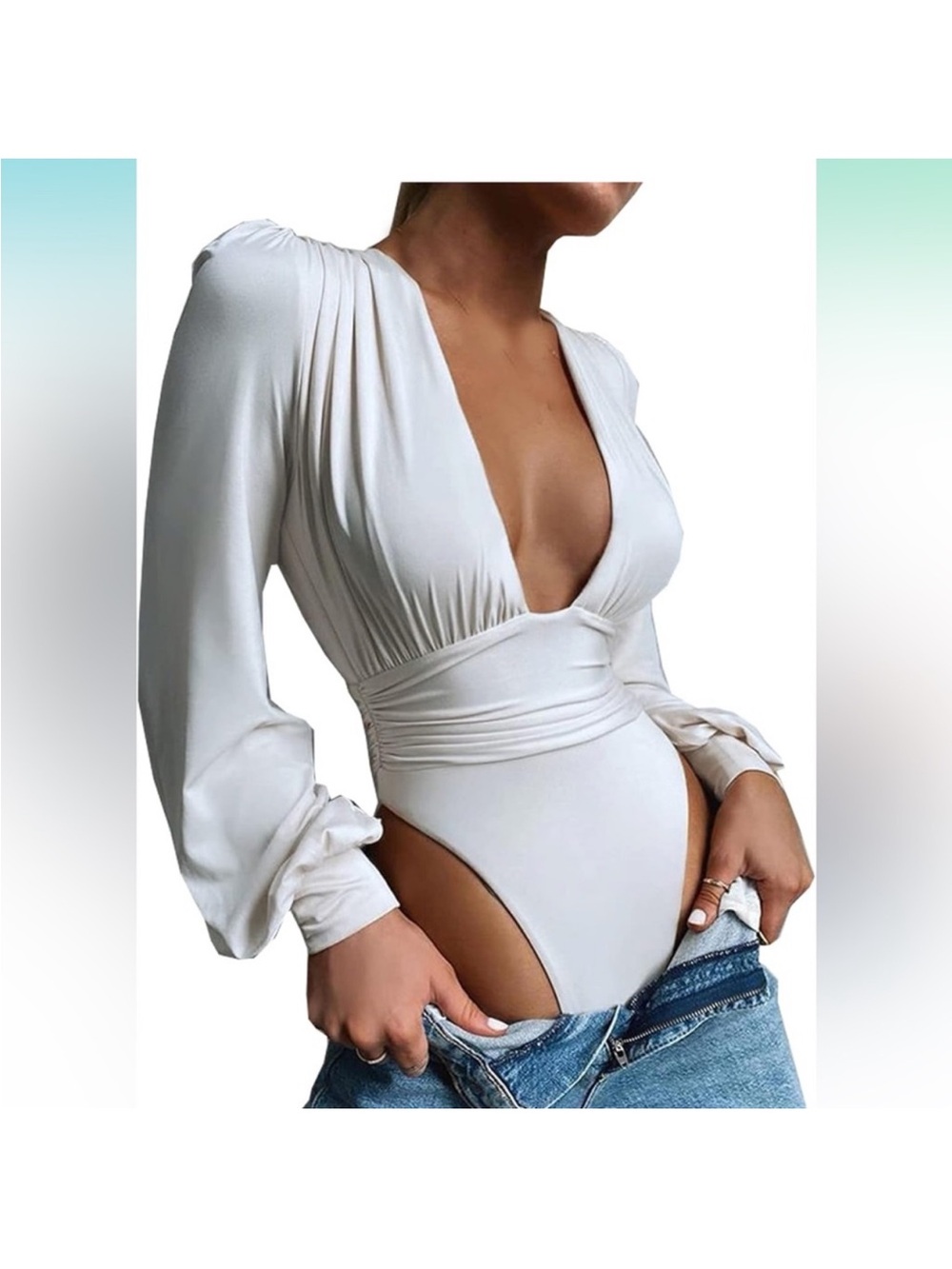Deep V Long-Sleeve White Bodysuit